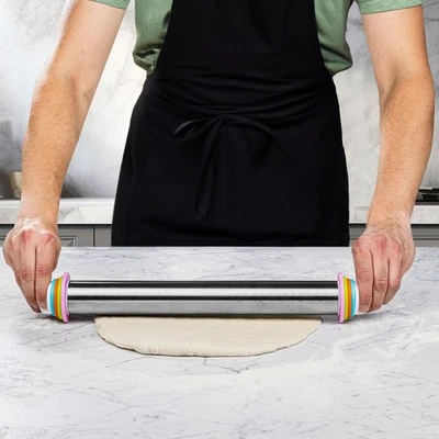 Edelstahl Teigrolle Teigroller Ausroller Nudelroller mit Abstandsringen - Bild 1 von 4