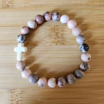 Pulsera elástica cruz cuarzo rosa religiosa espiritual rosa joyería Foto 1 de 4