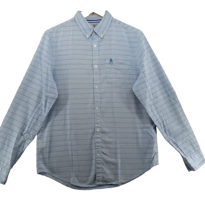Оригинальная мужская повседневная рубашка Penguin размер M синяя в полоску хлопок с длинным рукавом - Изображение 1 из 4