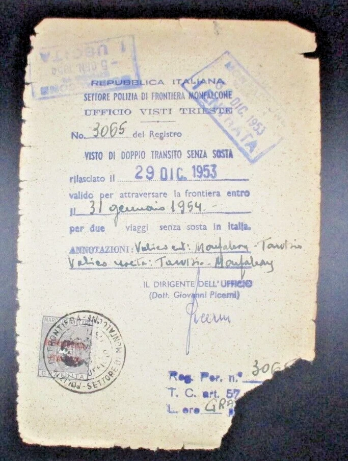 lasciapassare TRIESTE A marca sopr. REPUBBLICA ITALIANA 29 DIC 1953 Foto 1 de 2