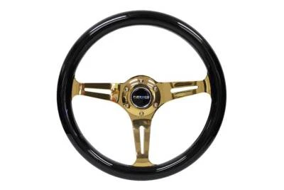 NRG 350mm 1.5" Deep Dish Universal Steering Wheel Black Wood Grain Gold 3-Spoke - Image 1 of 4