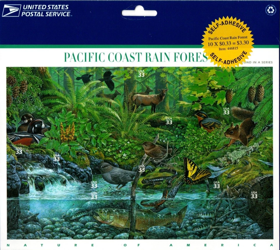 US Stamps # 3378   33 cent Pacific Coast Rain Forest Souvenir Sheet of 10 stamps - Image 1 of 1
