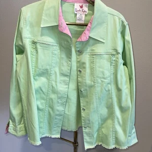 Quacker Factory Womens Denim Jacket Size M Lime Green Pink Rhinestone Buttons - Picture 1 of 5