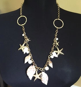 Beach Seashell & Starfish Gold Necklace Pearls Adjustable Lightweight 13" L - Picture 1 of 8