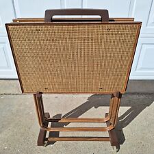 MCM Faux Wicker Rattan Wood Brown TV Trays Set Of 4 with Stand Retro VTG EUC