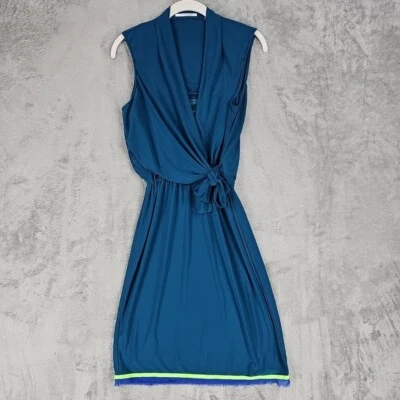 Платье Tahari с искусственным запахом женское размер S бирюзовое трикотажное многослойное с подкладкой неоновая полоса - Изображение 1 из 4