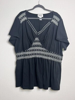 Camisa Top Pullover Mainstreet Azul Mujer Talla 4X Algodón Negro Bordado Foto 1 de 4