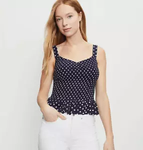 NEW Loft XL Top Tank Women's Navy Blue White Dot Smocked Peplum Cami Blouse - Picture 1 of 5