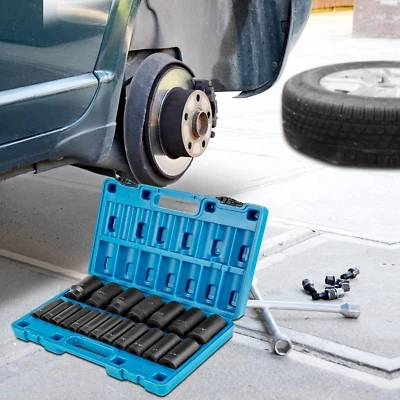 19 Piece 3/8 7/16 1/12 inch Universal Impact Socket Set 6-Point Deep Socket Rugg - Image 1 of 4