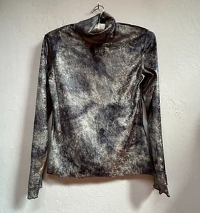 Bogner Top Women's Size 8 Long Sleeve Mock Neck Blouse Black Brown Shirt - Picture 1 of 9