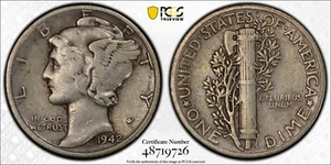 1942/1 VF20 ~PCGS Certified~ Silver Mercury Dime ~ 90% Silver ~ Free Shipping ~ - Picture 1 of 6