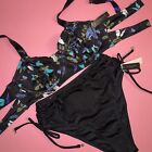 Victoria's Secret 32DD BIKINI High-waist bottom shine strap BLACK Blue Butterfly