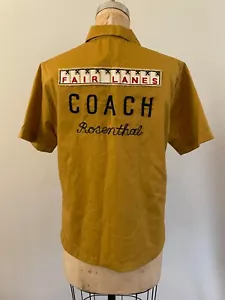 60s Vintage Mustard Yellow Bowling Shirt Embroider Chain Stitch Rockabilly Small - Picture 1 of 13