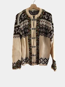 Cardigan maglione lana Dirndlstrikk 52 norvegese vintage beige/marrone floreale... - Foto 1 di 6
