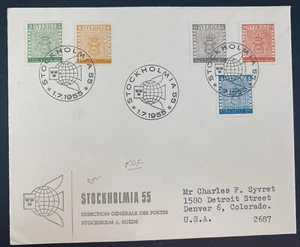 1955 Stockholm Sweden First Day Cover FDC To Denver Co USA Post office Bureau - Picture 1 of 2