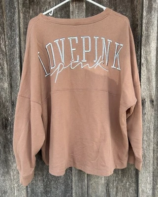 Victoria’s Secret PINK Varsity Crewneck Coral Sweatshirt  Silver “LOVE PINK” 2XL - Image 1 of 4