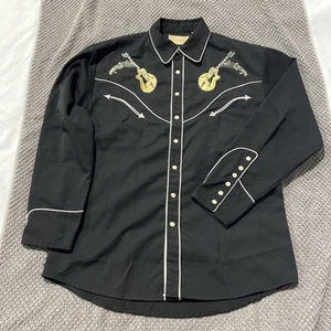 Vintage Scully Western Shirt Mens M Rockabilly Black Pearl Snap Cadillac Guitar - Picture 1 of 9