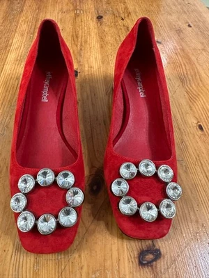 Zapatos de salón Jeffrey Campbell estrás Carys rojo gamuza punta cuadrada tacón glamoroso EE. UU. 7,5 Foto 1 de 4