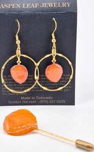 Pendientes colgantes y aro de hoja de álamo y pasador de palo de hoja de álamo - Imagen 1 de 2