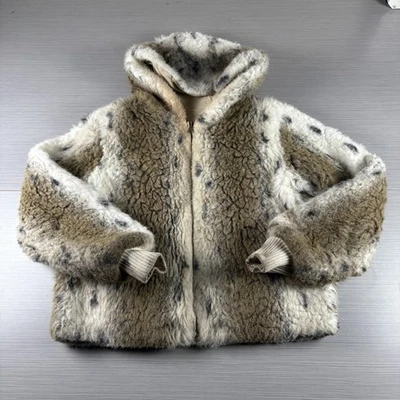 Faux Fur Jacket Womens Medium Hooded Zip Snow Leopard Spotted Cozy Warm - Image 1 of 4