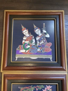 Set 2 Vintage handbemalt Thai Myanmar Chada Mongkut Queen Royal gerahmt Seide - Bild 1 von 3