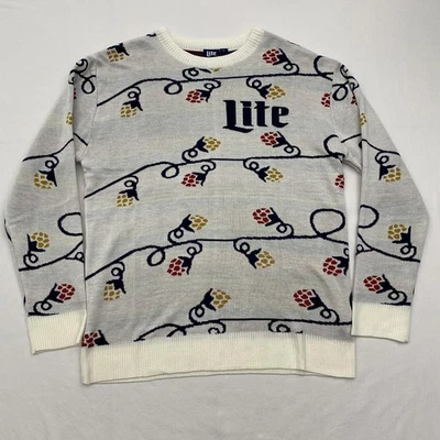 Miller Lite Sweater Mens XL Gray White Holiday Lights Hops Ugly Christmas Beer - Image 1 of 4