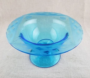 Turquoise Blue Etched Lattice & Flower Glass Footed Bowl Compote - Picture 1 of 5
