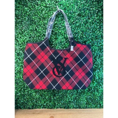 Victoria’s Secret Plaid Holiday Red Tote VS Monogram Logo Bag Fleece NWT - Image 1 of 4