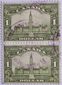 1929 CANADA #159: Used VF Pair of 'Parliament Building' - Reg'd Calgary AB pstmk - Picture 1 of 2