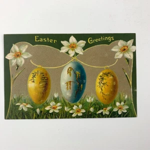 Oster Postkarte Grüße Vintage Antik, 3 Eier und Narzissen, 1c Stempel - Bild 1 von 3