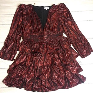 TCEC Burgundy Red Long Sleeve Metallic Ruffle V Neck Short Dress M NWT - Picture 1 of 10