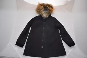 APC Navy Blue Button Hooded Fox Fur Trench Coat Mac Parka Jacket Mens Small S - Picture 1 of 12