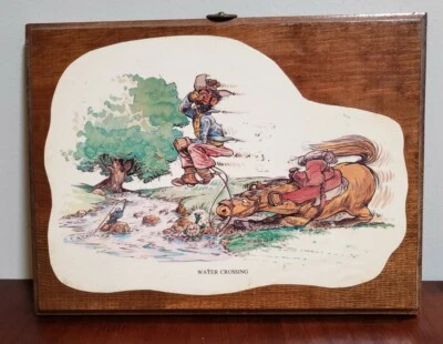 Vintage Funny Wooden Picture "Water Crossing" Cowboy Bucking Horse Ken '77 - Image 1 of 4