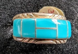 Vintage Zuni inlay Mosaic Turquoise Sterling Silver Men's Pinky Ring Size 11 - Picture 1 of 4
