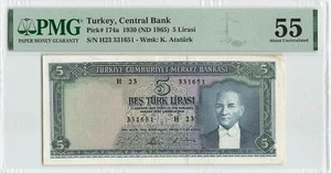 TURKEY 5 Lirasi 1930 (ND 1965), P-174a, PMG 55 About UNC, Original, High Grade - Picture 1 of 2