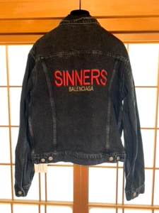 Balenciaga Men Black Denim Jacket Sinners Red Back Logo Tag Size 44 With Hanger - Picture 1 of 15