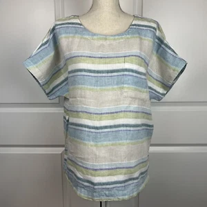 Top Coldwater Creek 100% lino Dolman manica corta a righe taglia media - Foto 1 di 7