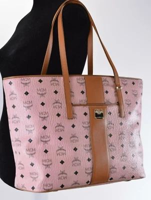 AUTÉNTICO NUEVO CON ETIQUETAS MCM Anya Bolso Shopper de Lona Recubierta con Cremallera Mediana en Rosa Suave/Coñac Foto 1 de 4