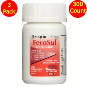 FeroSul Ferrous Sulfate 325mg,100 Iron Supplement Tablets each (Value Pack of 3) - Picture 1 of 4