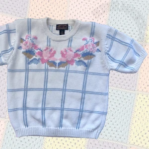 Vintage 90s Puff Sleeve Crewneck Fairy Kei Pastel Cottage Rose Granny Sweater M - Picture 1 of 10