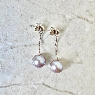 Pendientes colgantes de perlas rosadas 14K - Pendientes de perlas rosadas genuinas individuales de oro rosa Foto 1 de 4