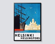 Helsinki Finland Vintage Travel Poster, Scandinavian Boat River Illustration