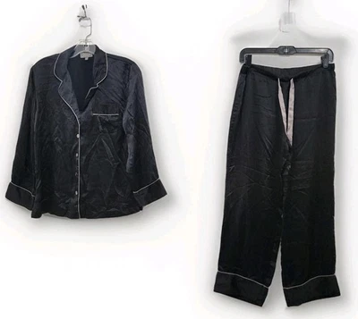 Juego de pijama Julianna Rae 100 % seda 2 piezas negro gris ribete pantalón mujer S dormir Foto 1 de 4