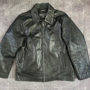 Men's Vintage Y2K Perry Ellis Lambskin Black Faded Leather Zip Up Jacket Sz XL - Picture 1 of 5