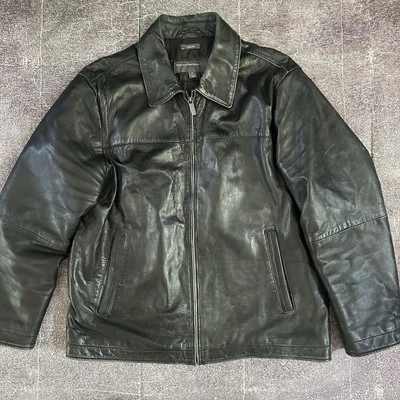 Men's Vintage Y2K Perry Ellis Lambskin Black Faded Leather Zip Up Jacket Sz XL - Image 1 of 4