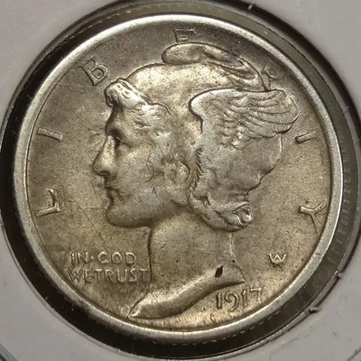 Moneda de diez centavos Mercury 1917-D, extremadamente fina +, fecha más dura 1108-01 Foto 1 de 2