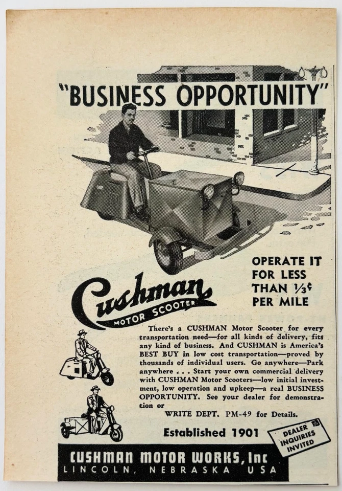 1949 年库什曼摩托车自行车广告运输古董 DWU16A — 第 1/1 张图片