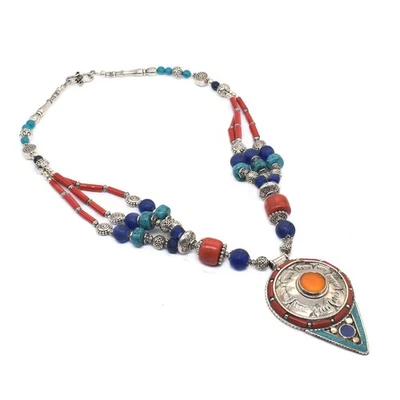 Collar tibetano de piedras preciosas turquesa verde joyería de moda nepalí 22" A036 Foto 1 de 4