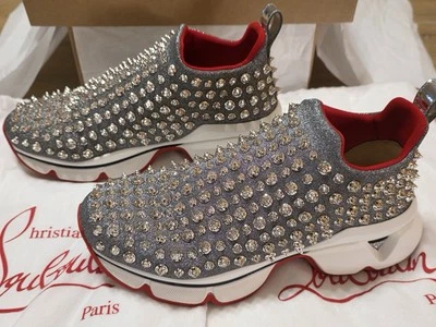 🔥RARE Christian Louboutin Women Gray Spike Sock Sneaker Swarovski Spike 🔥 - Image 1 of 4