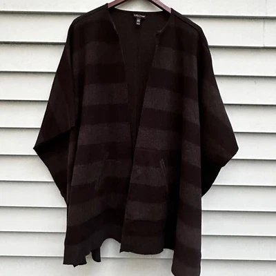 EILEEN FISHER Poncho de Lana a Rayas Frente Abierto Capa Suéter OS TU Marrón Oscuro Gris Foto 1 de 4